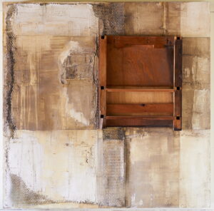 22 a day #1, plaster, wood ash, varnish, graphite on plywood, 48 x 48 x 2", 2015.